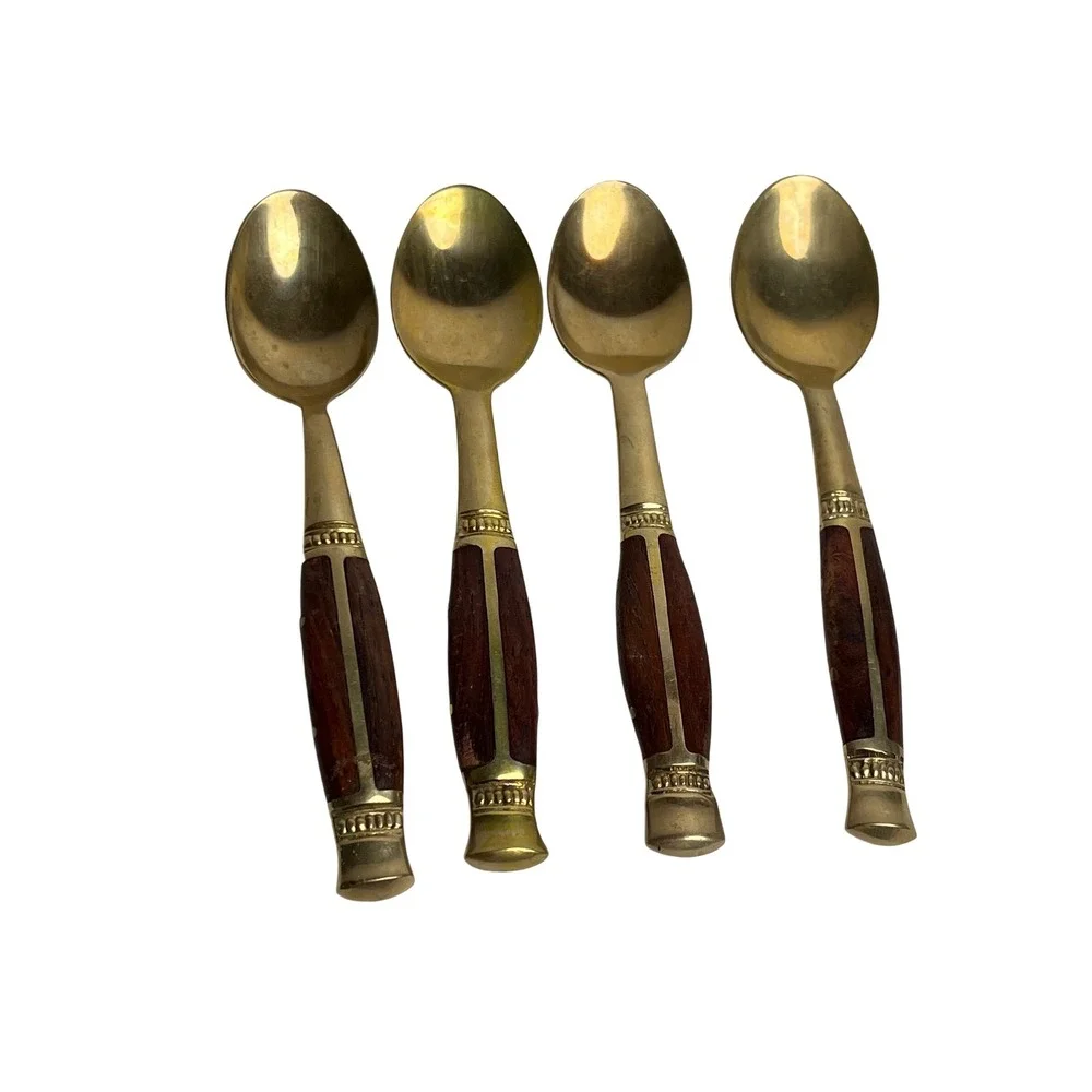 Vintage Demitasse Thailand Brass Spoons Rosewood Wood Handles Set of 4 MCM